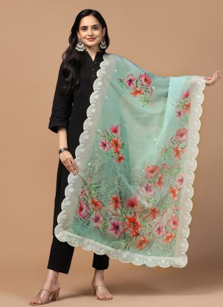 Digital Print and Embroidered Work Organza Dupatta Dupatta In Sea Green for Casual