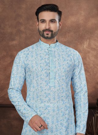 Digital Print and Embroidered Work Rayon Kurta Mens Wear In Aqua Blue