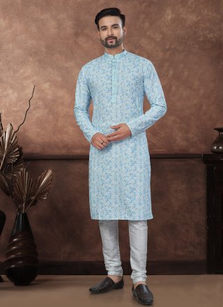 Digital Print and Embroidered Work Rayon Kurta Mens Wear In Aqua Blue