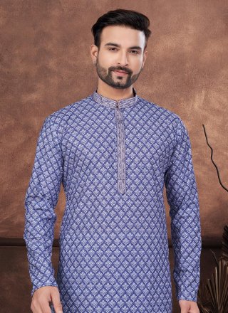Digital Print and Embroidered Work Rayon Kurta Mens Wear In Blue for Casual