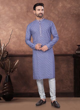 Digital Print and Embroidered Work Rayon Kurta Mens Wear In Blue for Casual
