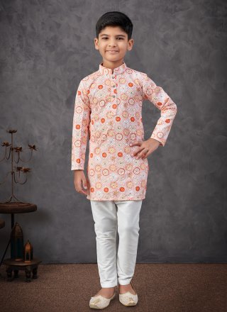 Digital Print and Embroidered Work Rayon Kurta Pyjama In Off White and Orange