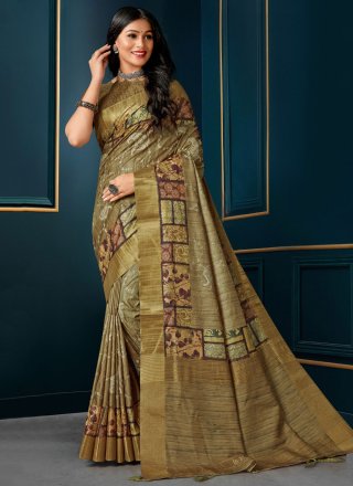 Pastel Green Linen Printed Kanchipuram Silk Saree