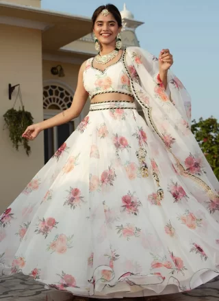 Digital Print and Floral Patch Work Organza Lehenga Choli In White