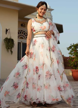 Digital Print and Floral Patch Work Organza Lehenga Choli In White