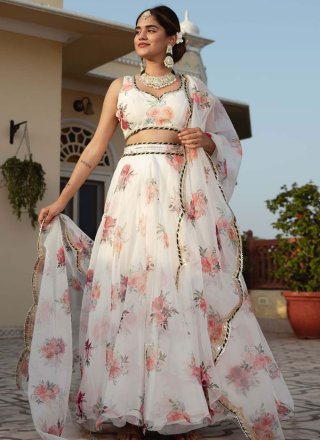 Digital Print and Floral Patch Work Organza Lehenga Choli In White