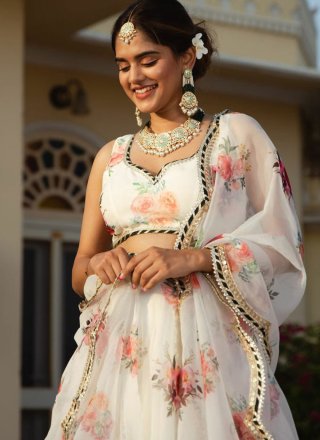 Digital Print and Floral Patch Work Organza Lehenga Choli In White
