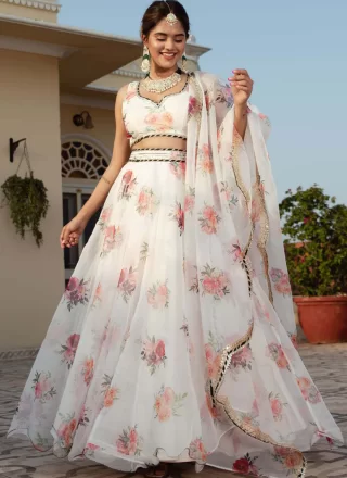 Digital Print and Floral Patch Work Organza Lehenga Choli In White