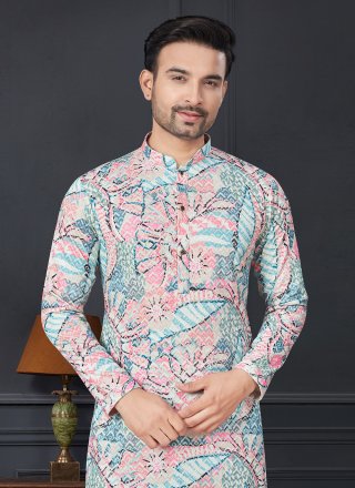 Digital Print and Lucknowi Work Work Rayon Kurta Pyjama In Aqua Blue and Pink for Casual