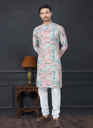 Digital Print and Lucknowi Work Work Rayon Kurta Pyjama In Aqua Blue and Pink for Casual