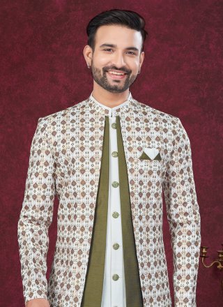 Digital Print and Machine Embroidery Work Banarasi Silk Sherwani Mens Wear In Green and Off White