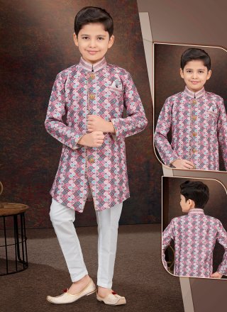 Digital Print and Machine Embroidery Work Jacquard Sherwani Kids Wear In Multi Colour