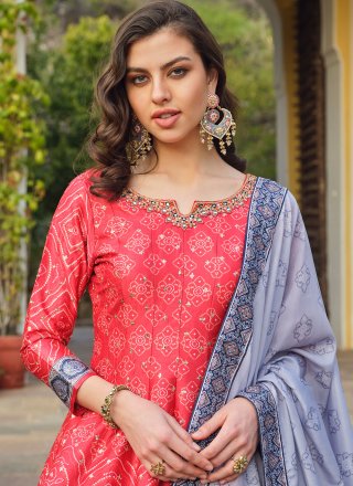 Digital Print and Patola Print Work Silk  Designer Gown In Pink for Ceremonial