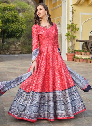 Digital Print and Patola Print Work Silk  Designer Gown In Pink for Ceremonial