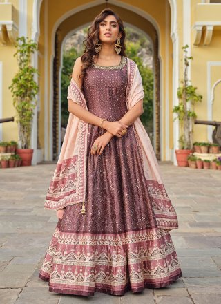 Digital Print and Patola Print Work Silk Gown In Brown for Ceremonial