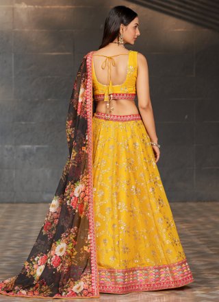 Digital Print, Dori, Embroidered, Sequins and Thread Work Georgette Lehenga Choli In Yellow for Ceremonial