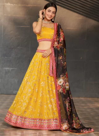 Digital Print, Dori, Embroidered, Sequins and Thread Work Georgette Lehenga Choli In Yellow for Ceremonial