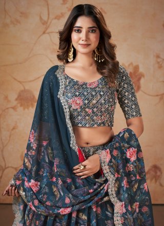 Digital Print, Embroidered and Sequins Work Faux Georgette Lehenga Choli In Blue for Engagement