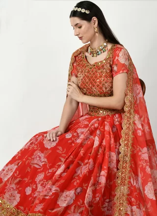 Digital Print, Embroidered and Sequins Work Faux Georgette Lehenga Choli In Red