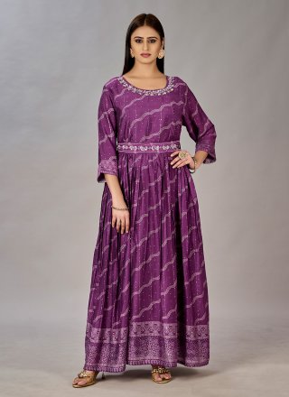 Digital Print, Embroidered and Sequins Work Muslin Designer Gown In Purple for Festival