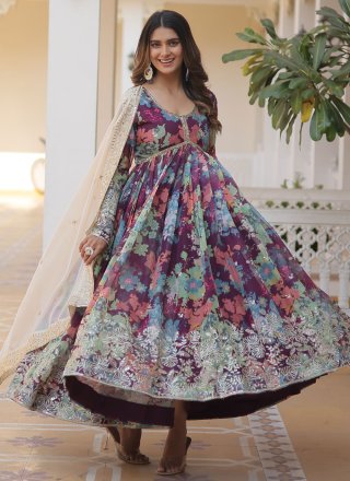 Digital Print, Embroidered and Sequins Work Silk Designer Gown In Multi Colour