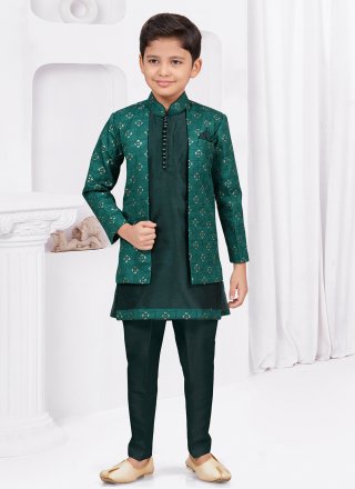 Digital Print, Machine Embroidery and Thread Work Banarasi Silk Sherwani Kids Wear In Green