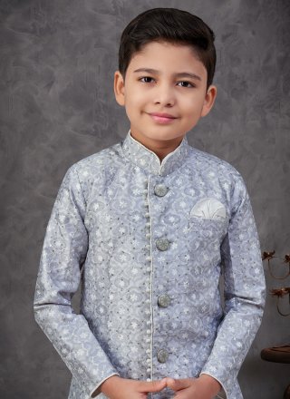 Digital Print, Machine Embroidery and Thread Work Silk Indo Western Sherwani In Grey and Off White for Festival