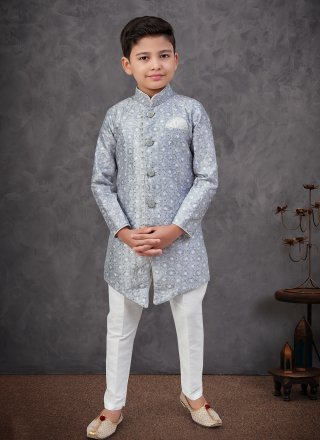Digital Print, Machine Embroidery and Thread Work Silk Indo Western Sherwani In Grey and Off White for Festival