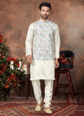 Digital Print, Sequins and Thread Work Cotton Silk Kurta Payjama with Jacket In Multi Colour and Off White