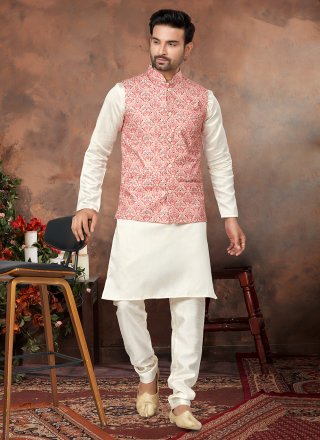 Digital Print, Sequins and Thread Work Cotton Silk Kurta Payjama with Jacket In Multi Colour and Off White
