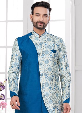 Digital Print, Sequins and Thread Work Jacquard Silk Sherwani Mens Wear In Aqua Blue and Cream