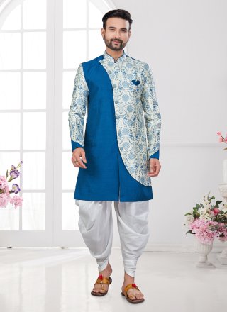 Digital Print, Sequins and Thread Work Jacquard Silk Sherwani Mens Wear In Aqua Blue and Cream