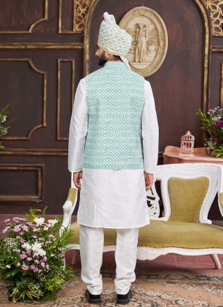 Digital Print Work Art Silk Kurta Payjama with Jacket In Green and Off White