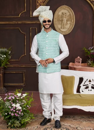 Digital Print Work Art Silk Kurta Payjama with Jacket In Green and Off White