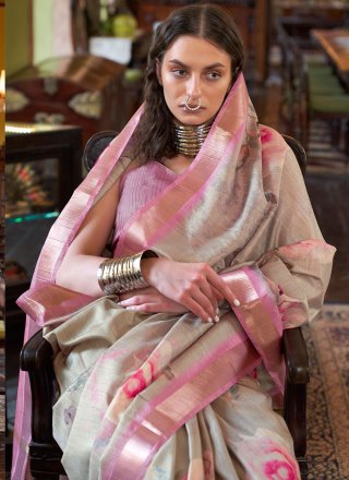 Digital Print Work Banarasi Silk Classic Saree In Beige and Pink