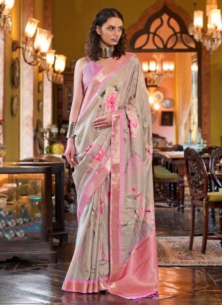 Digital Print Work Banarasi Silk Classic Saree In Beige and Pink