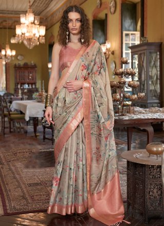Digital Print Work Banarasi Silk Contemporary Saree In Beige and Peach