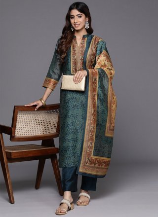 Digital Print Work Chanderi Silk Pakistani Salwar Suit In Teal
