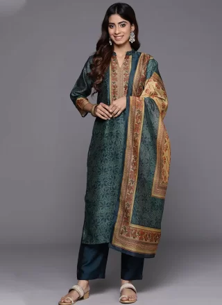 Digital Print Work Chanderi Silk Pakistani Salwar Suit In Teal