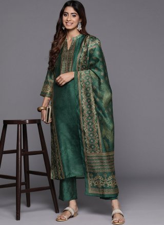 Digital Print Work Chanderi Silk Trendy Suit In Green