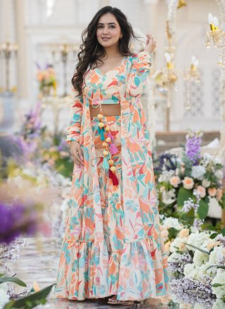 Digital Print Work Chinon Jacket Style Suit In White for Ceremonial