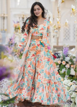 Digital Print Work Chinon Jacket Style Suit In White for Ceremonial