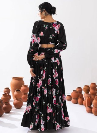 Digital Print Work Chinon Readymade Lehenga Choli In Black