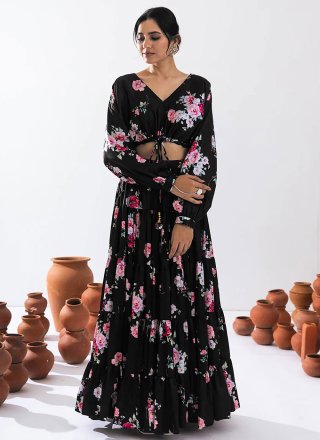 Digital Print Work Chinon Readymade Lehenga Choli In Black