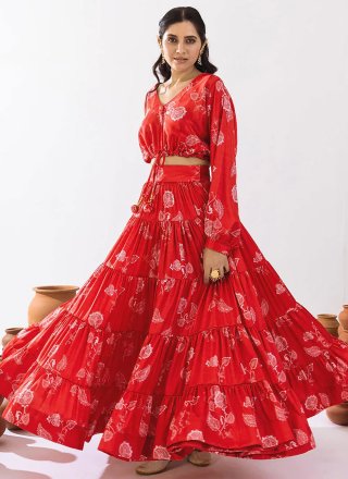Digital Print Work Chinon Readymade Lehenga Choli In Red for Ceremonial