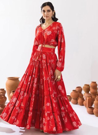 Digital Print Work Chinon Readymade Lehenga Choli In Red for Ceremonial