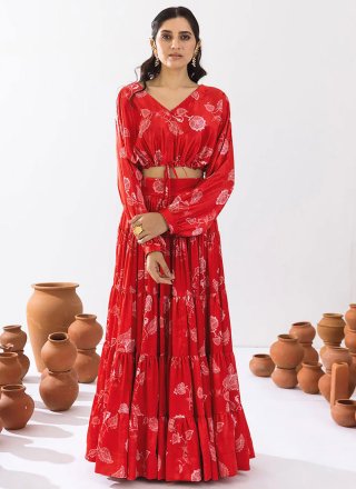 Digital Print Work Chinon Readymade Lehenga Choli In Red for Ceremonial