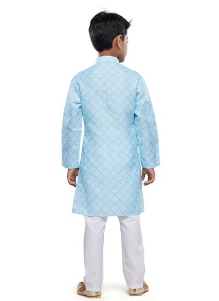 Digital Print Work Cotton Kurta Pyjama In Aqua Blue for Ceremonial
