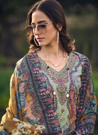Digital Print Work Cotton Lawn Pant Style Suit In Green for Ceremonial