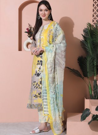 Digital Print Work Cotton Salwar Suit In Grey for Casual